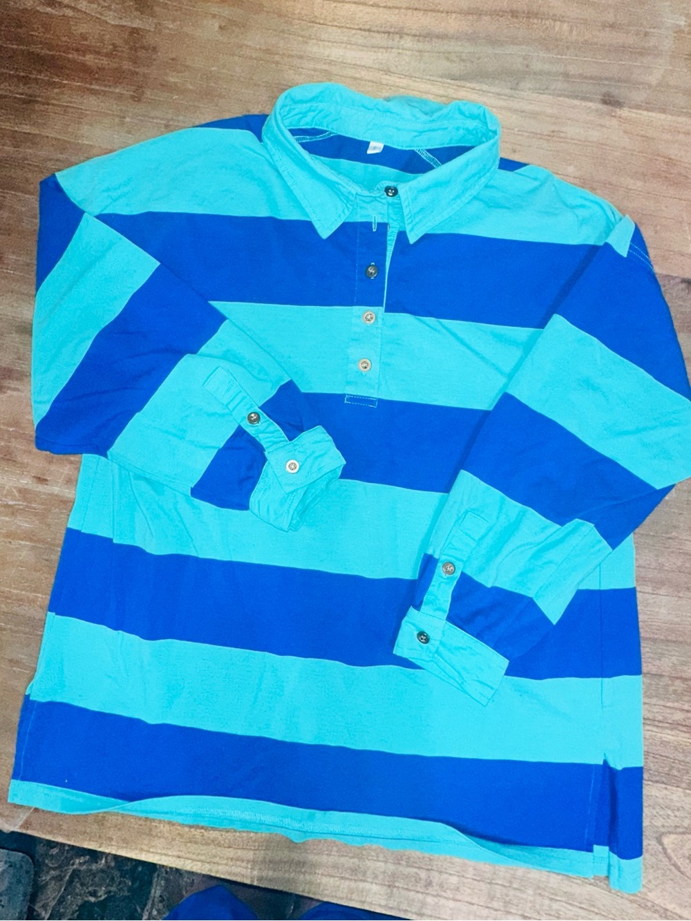 Women’s Oversized Long Sleeve Rugby Shirt - Blue/Green Stripe Size/SM